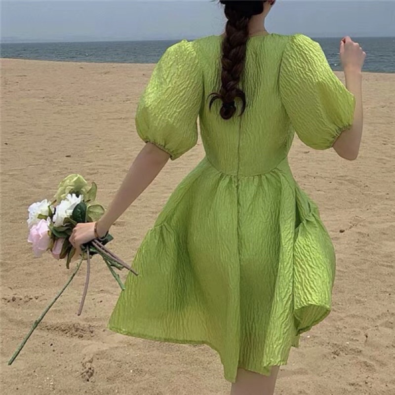 Đầm Babydoll Màu Xanh Vải Sần Xoè Xinh Xắn