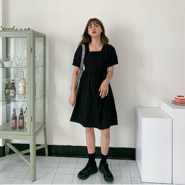 Đầm Ngắn Tay Cổ Vuông Thời Trang Hàn Nữ Tính