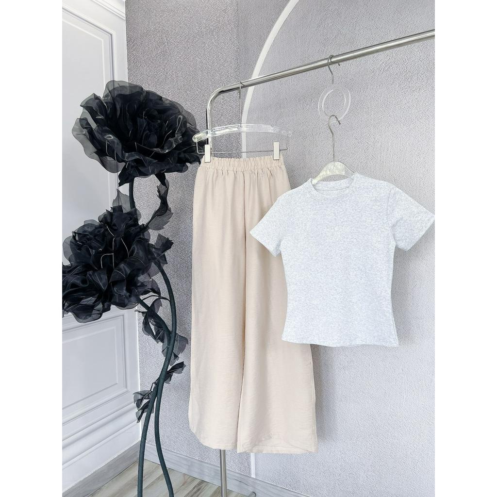 SET ÁO GÂN XÁM CROPTOP + QUẦN KEM LƯNG THUN SUÔNG (TH)