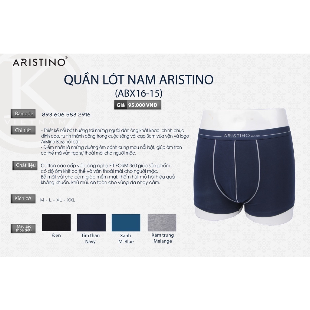 Quần Lót/Sịp Đùi Nam ARISTINO Dáng Boxer Chất Cotton Cao Cấp Mềm Đẹp Kháng Khuẩn Thoáng Khí ABX1615