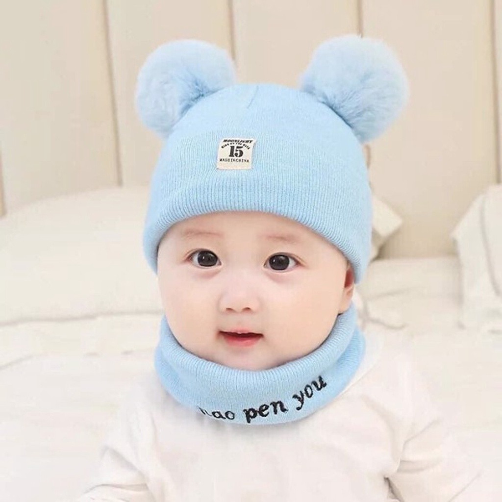 Sét mũ len 2 quả bông kèm khăn giữ ấm cổ và đầu cho bé