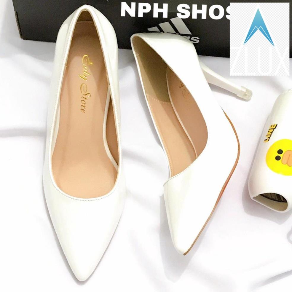 🚴 Giày Cao Gót Bít Mũi 7P Màu Trắng, Đế Pháp Da Bóng - Giày Gót Nhọn Công Sở (NPH SHOSE), Hàng VNXK Cao Cấp 🚴