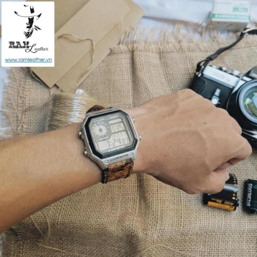 (DA BÒ CAO CẤP) Dây đồng hồ da bò thật cho Seiko 5 / Casio AE 1200 WHD ,