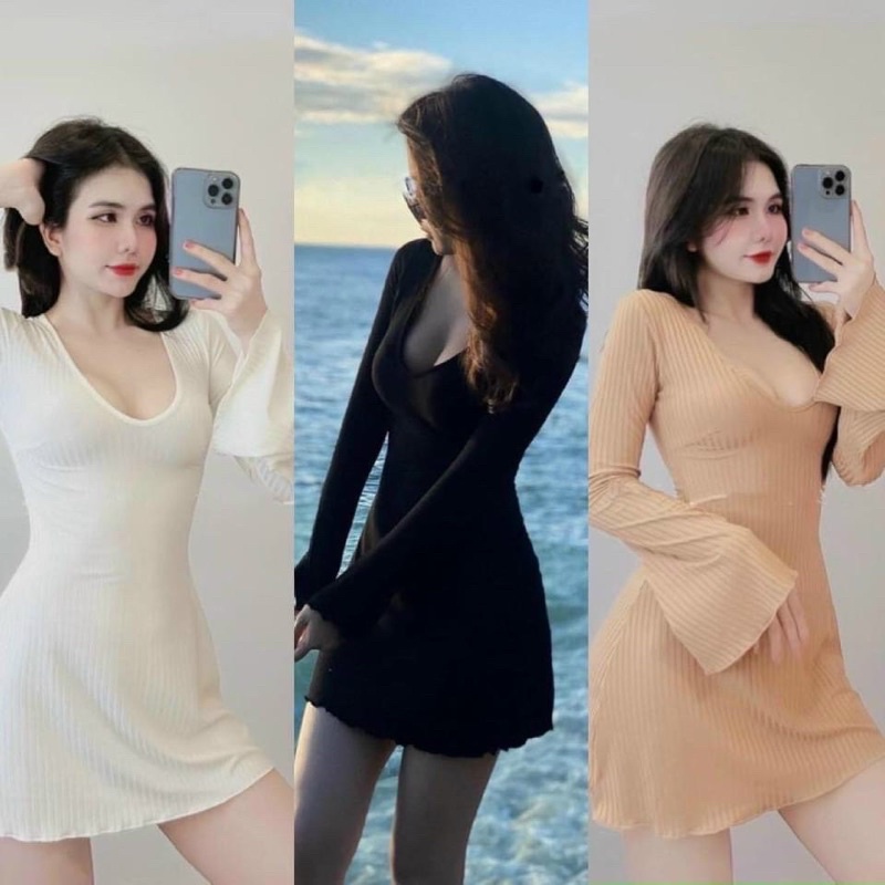 Đầm Body Dáng Chữ A Cổ Tim Tay Xoè