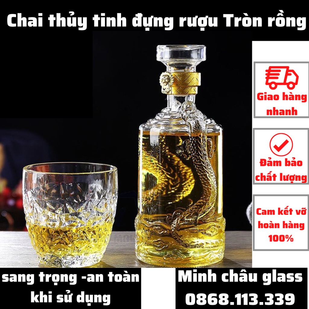 Chai Thủy Tinh Đựng Rượu Cao Cấp Trụ Tròn Vân Rồng 500Ml Bình Thủy Tinh Vỏ Bình Ngâm Rượu Tròn Rồng 500Ml Sang Trọng