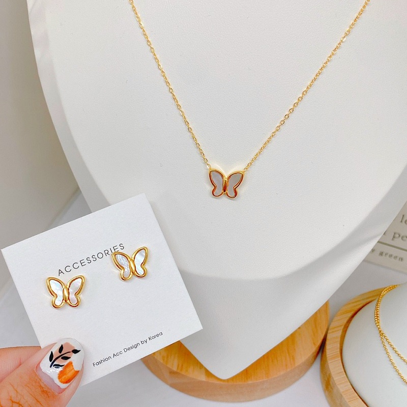Bộ Trang Sức Bông Tai Và Dây Chuyền Nữ Titan Ko Rỉ Butterfly Đính Xà Cừ TT 4086