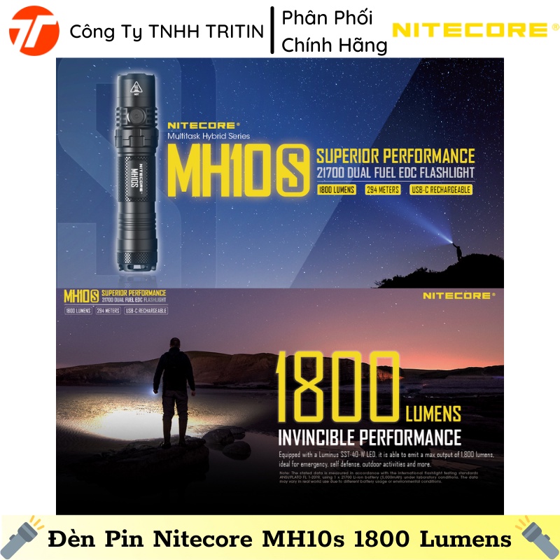 Đèn Pin EDC Nitecore MH10s 1800 Lumens, Tầm Chiếu 294m, 21700 or 18650 or CR123  | TRITINCO