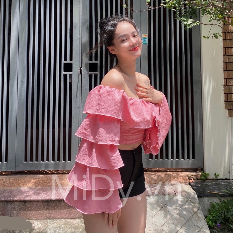 Áo croptop trễ vai tay tầng có mút ngực - MiDy.vn (hình tự chụp)
