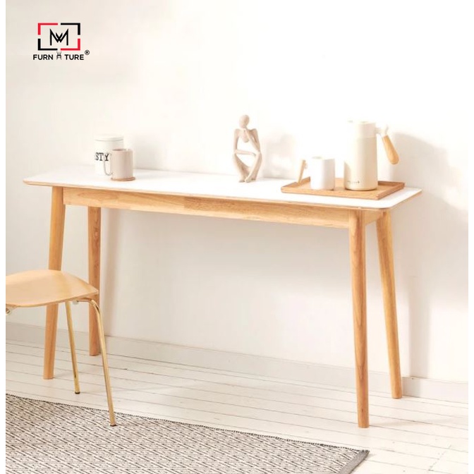 Bàn làm việc gỗ tự nhiên mặt trắng kiểu hàn quốc - Long table có vạt thương hiệu MW FURNITURE - Nội thất căn hộ