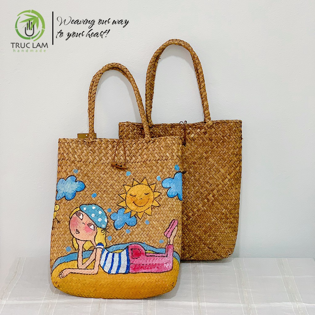 Túi Tre Đeo Vai Nữ Dáng Dài Bện Thủ Công Họa Tiết Vẽ Tay – Trúc Lâm Handmade