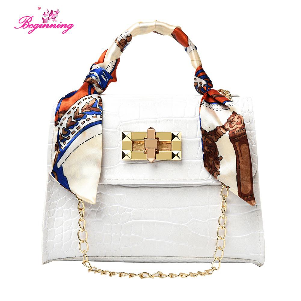 ❀beginning❀Exquisite Women Silk Scarf PU Printing Shoulder Bag Casual Chain Small Handbag❀