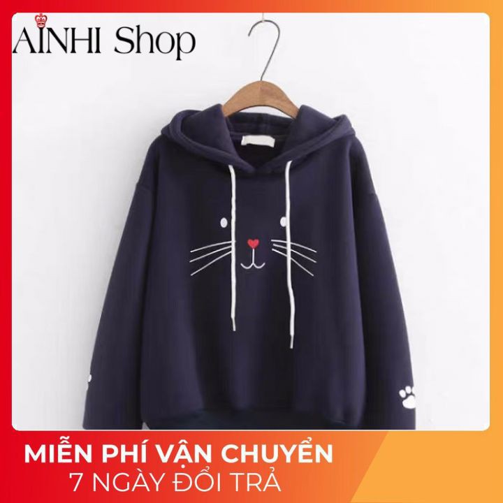 Áo Hoodie Nữ ❤️FREESHIP❤️ Áo Hoodie Nhiều Màu Vải Nỉ Poly In Mặt Mèo Cute - Hoodies Nón Nữ Áo Hoodie Free Size Dưới 60kg