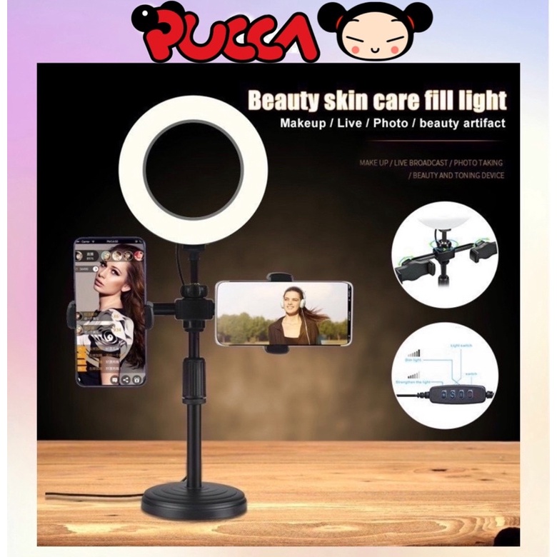 Đèn Livestream Để Bàn 3 Chế Độ Sáng, Kẹp 2 Điện Thoại Có Đèn Hỗ Trợ Quay Tiktok, Make up