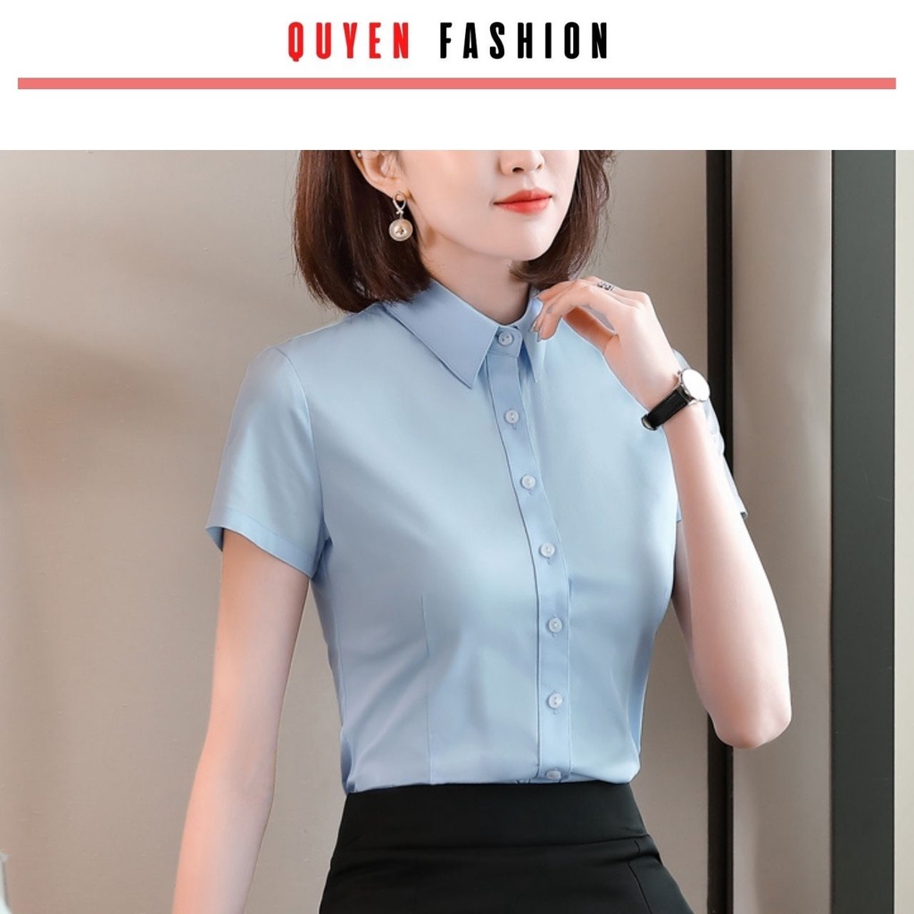Sơ mi nữ công sở màu trắng, xanh tay cộc, cổ đức cơ bản dáng ôm chất liệu thô Nhật Quyên Fashion AA571