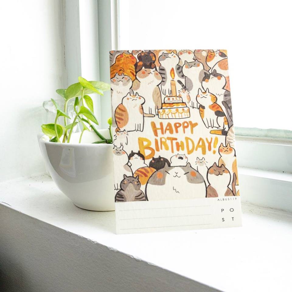 Postcard Happy Birthday Cat (Mèo) [HÀNG THIẾT KẾ] | Thiệp sinh nhật l bưu thiếp | thiệp l Zip A1