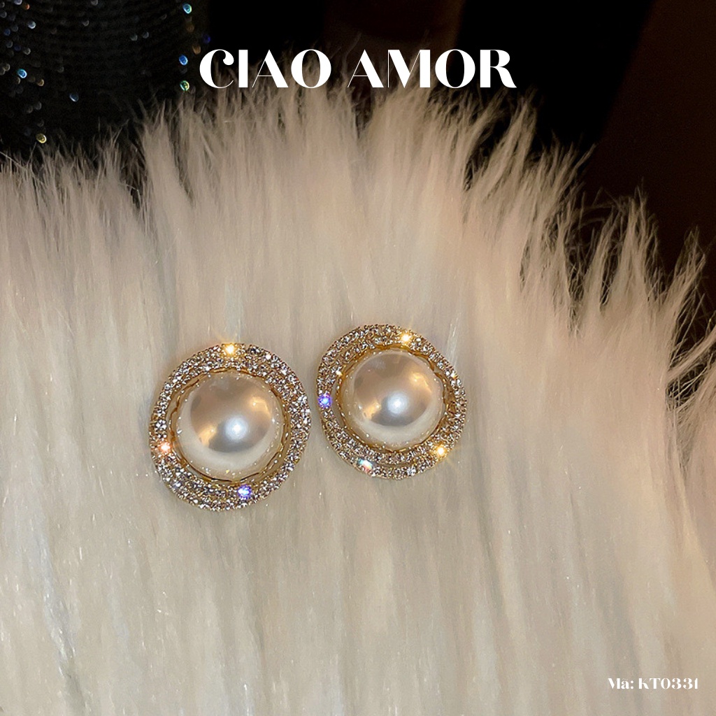 KT0331-Khuyên tai nữ, Bông tai nữ bạc 925 sang trọng dự tiệc tròn ngọc to giữa viền lớp đá xoắn Trang sức Ciao Amor