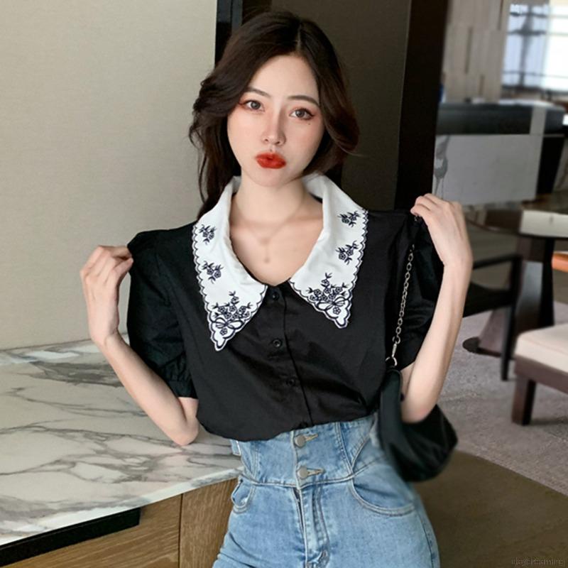 Áo Sơ Mi Nữ Dáng Rộng Tay Phồng Thêu Hoa Màu Tương Phản Kiểu Retro Thời Trang Mùa Hè | BigBuy360 - bigbuy360.vn