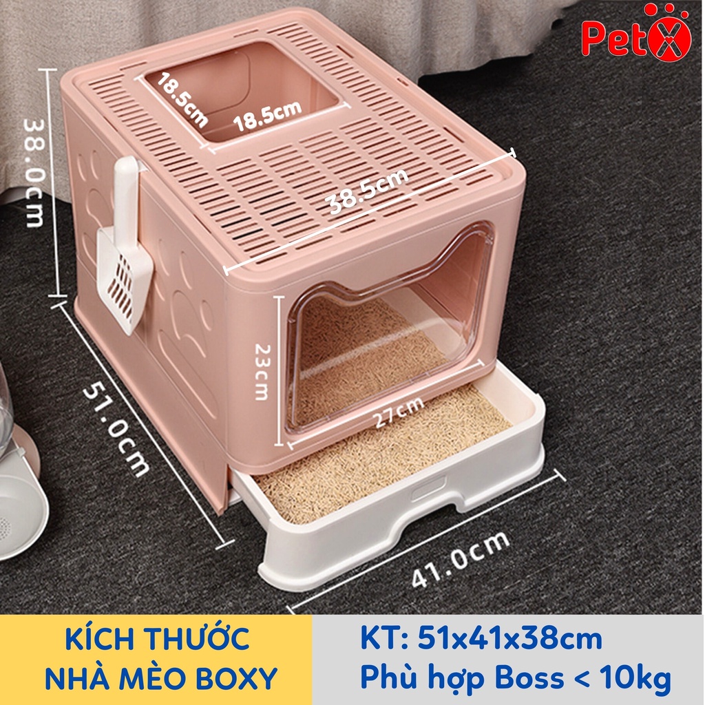 Nhà vệ sinh cho mèo có ngăn kéo khép kín có cửa vào ra riêng chống văng cát kèm xẻng Boxy PetX