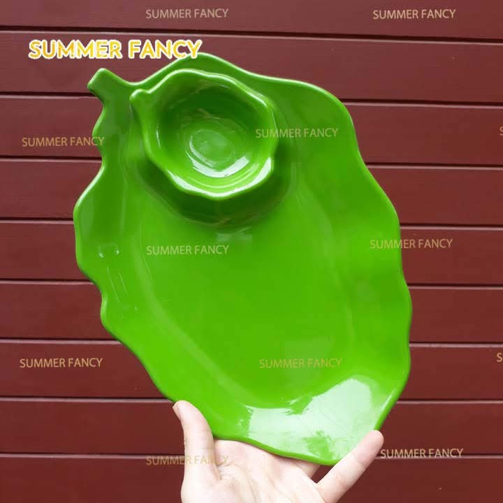 Dĩa đựng trái cây lá có chén tương 25 x 17 cm cao cấp đĩa phíp đen nâu - Leaf dish F-DTC06