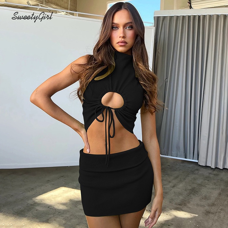 Set Áo Cổ Lọ Không Tay Màu Trơn Eo Thấp Ôm Dáng Thời Trang 2022 Cho Nữ