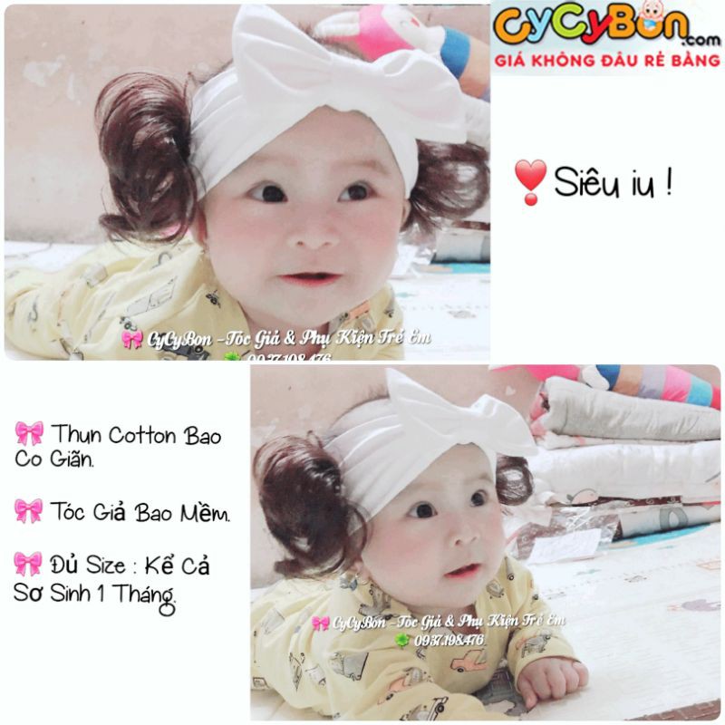 Băng Đô Turban Cho Bé Gái Có Tóc Giả Hai Bên - Chất Vải Thun Cotton Đính Nơ Trắng- Bao Mềm Mịn- Có Size Cho Bé Sơ Sinh !