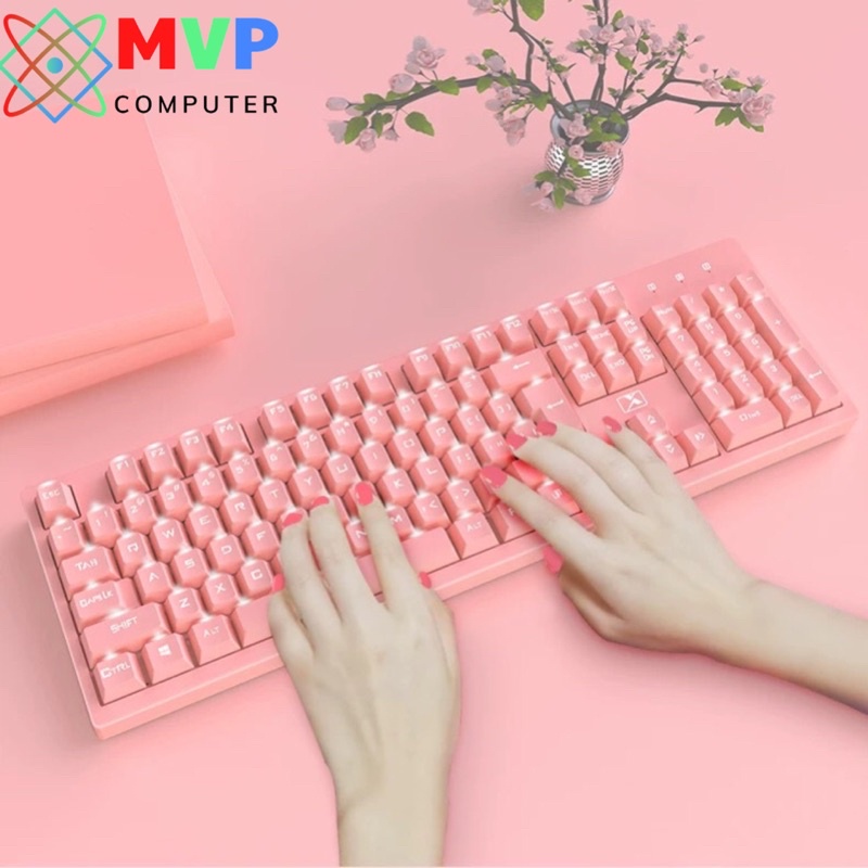 Combo Chuột Bàn Phím Có Dây Gaming XINMENG K616 Màu Hồng LED Trắng Xuyên Chữ Cao Cấp Dùng Cho Máy Tính PC Laptop