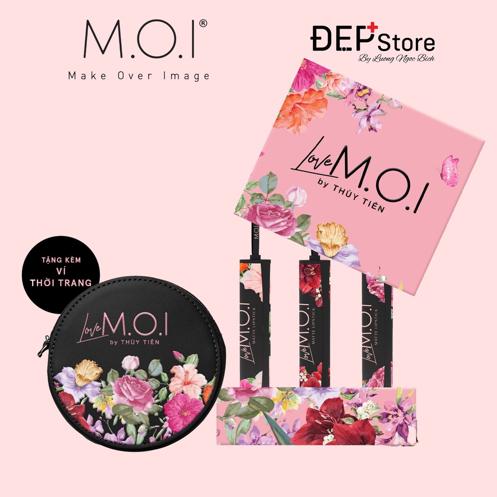 Set 3 son lì M.O.I Cosmetics LOVEMOI by Thùy Tiên tặng hộp + ví da 12g