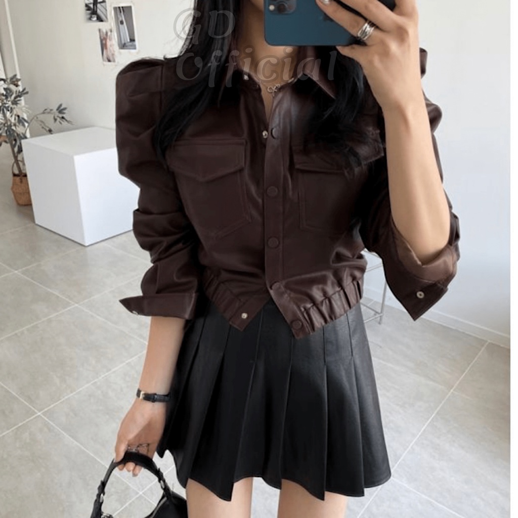 K104|Áo khoác da PU cá tính dáng ngắn croptop trẻ trung cho nữ màu đen, nâu GD Official