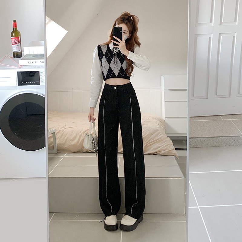 【ZHELIHANGFEI】Quần Jean Ống Rộng Lưng Cao Cá Tính Dễ Phối Đồ