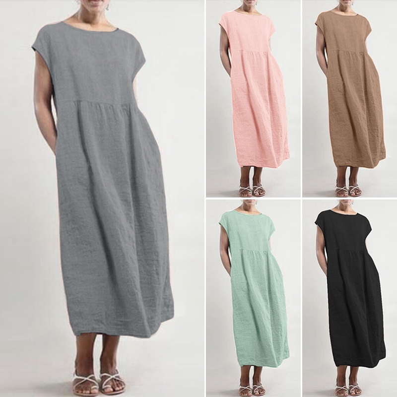 Đầm Maxi Zanzea Tay Ngắn Dáng Rộng Thời Trang Cho Phụ Nữ