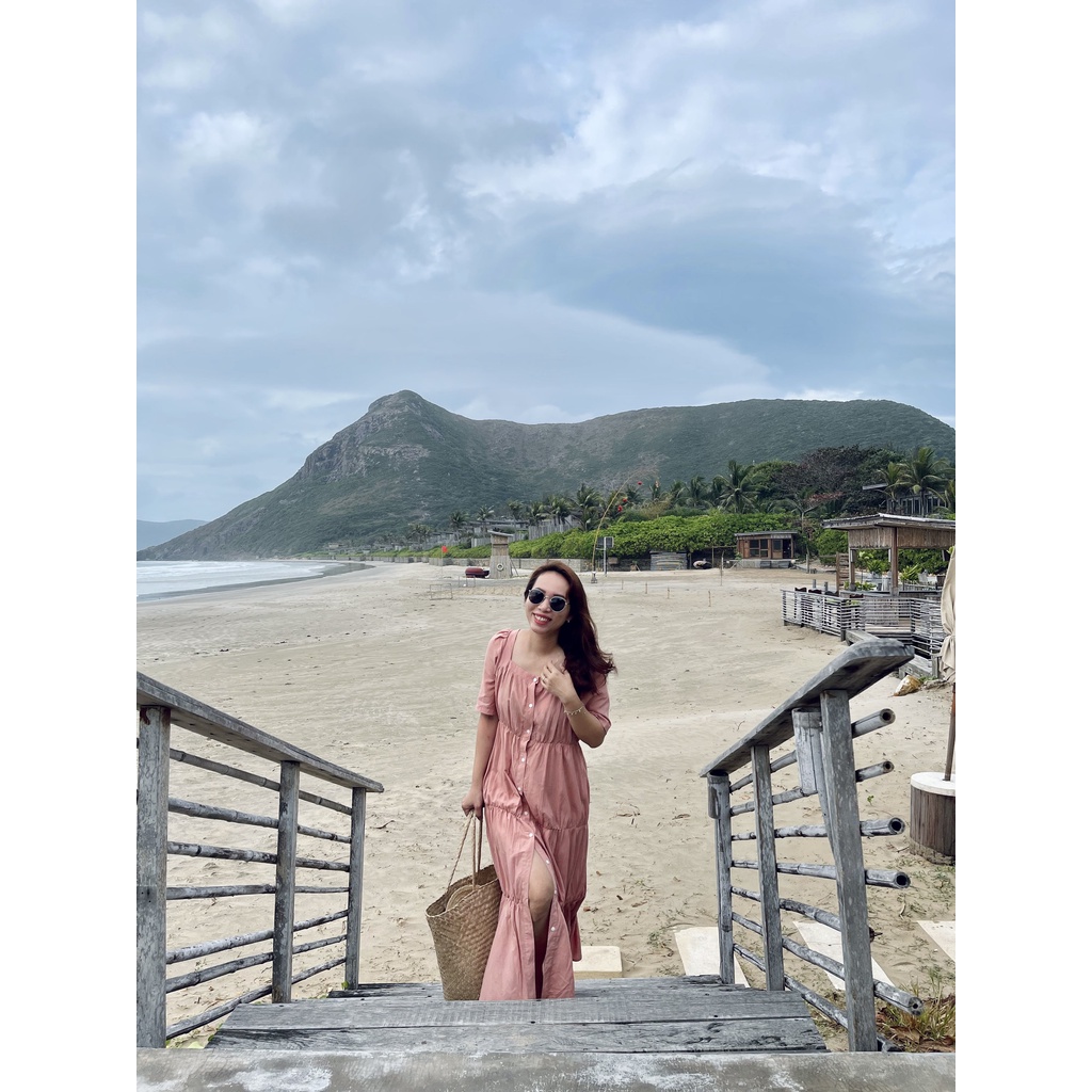 (HÀNG SẴN - ẢNH THẬT) Váy maxi ngắn tay cổ vuông, đầm dài cài nút tùy chỉnh freesize