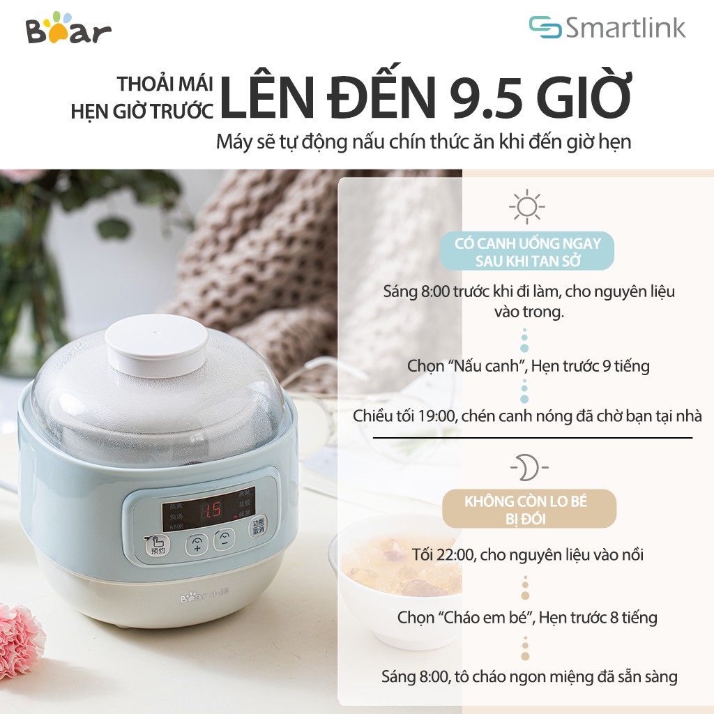 Nồi Nấu Cháo, Ninh, Hàm Cách Thủy 4in1 Bear DDZ - A08G2 - Hàng Chính Hãng - Bảo Hành 18 Tháng