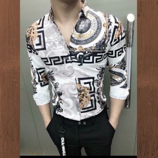 Áo sơ mi nam nữ dài tay chất lụa phối họa tiết hoa văn trắng