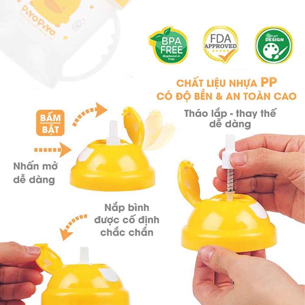 [Mã BMINC50 giảm 10% đơn 99K] Bình tập uống hai tay cầm nắp bật cho bé Piyo Piyo 250ml bấm nút để mở, ống hút ngăn tràn