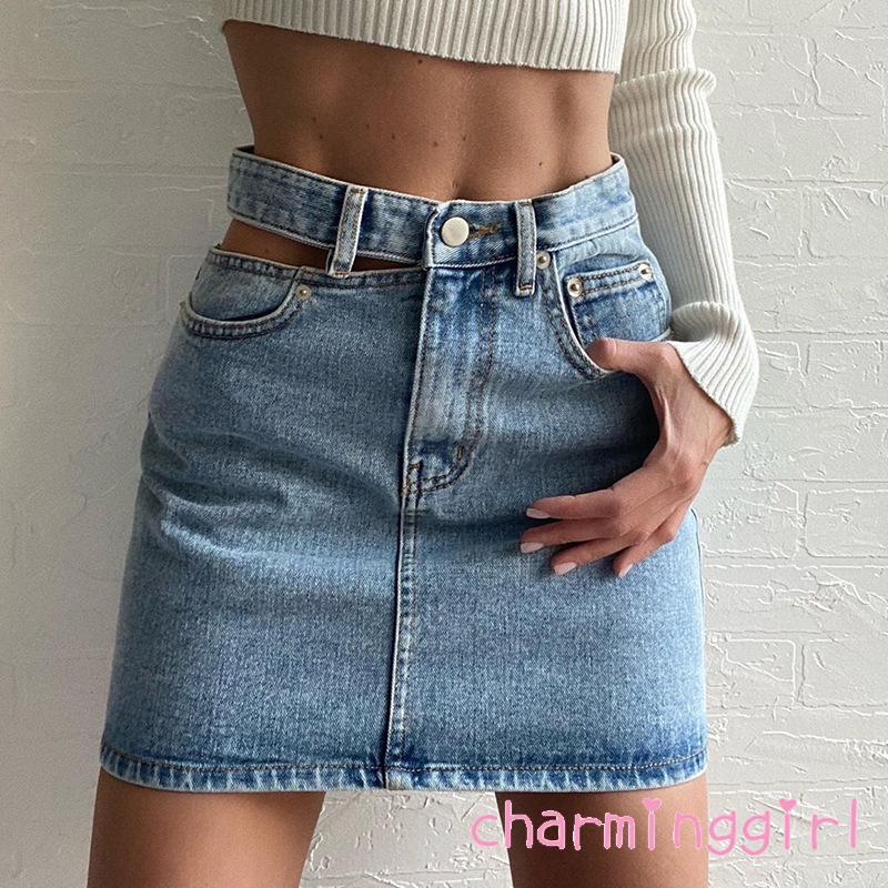 Chân Váy Denim Dáng Chữ A Lưng Cao Thời Trang Dành Cho Nữ