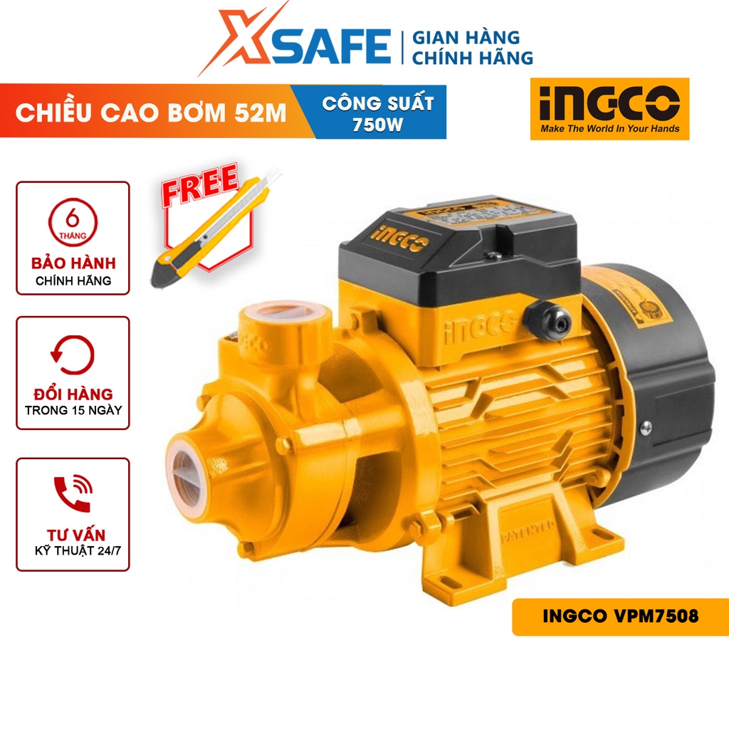 Máy bơm nước tăng áp INGCO VPM7508 750W (1HP), chiều cao bơm 52m, độ hút sâu 8m, mô tơ dây đồng tăng áp lực - XSAFE