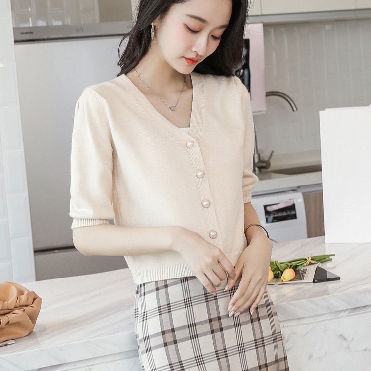 Áo cardigan dệt kim mẫu ngắn dáng nhỏ mới xuân hè 2021 khoác tay giữa cổ chữ V rộng rãi mỏng phong cách Hàn Quốc