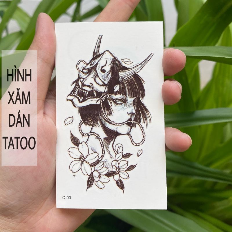 Hình xăm cô gái Nanno mặt nạ quỷ c03. Tatoo dán tạm thời size 10x6cm. Tomie style