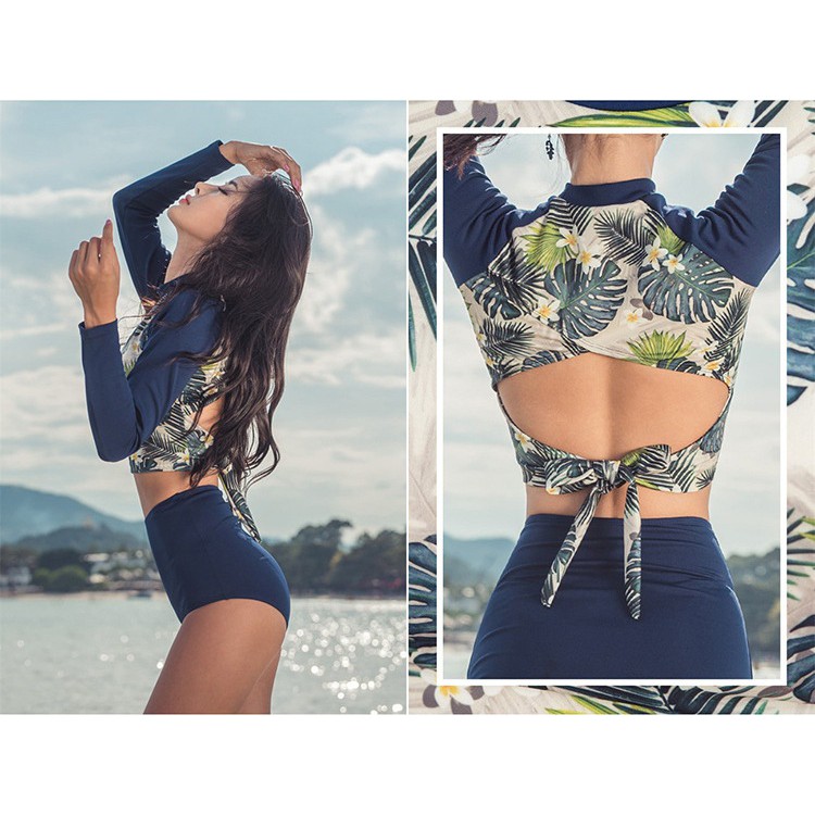 Bộ bơi đồ bơi Bộ bikini đi biển dài tay hoa lá chống nắng phong cách hàn quốc | BigBuy360 - bigbuy360.vn