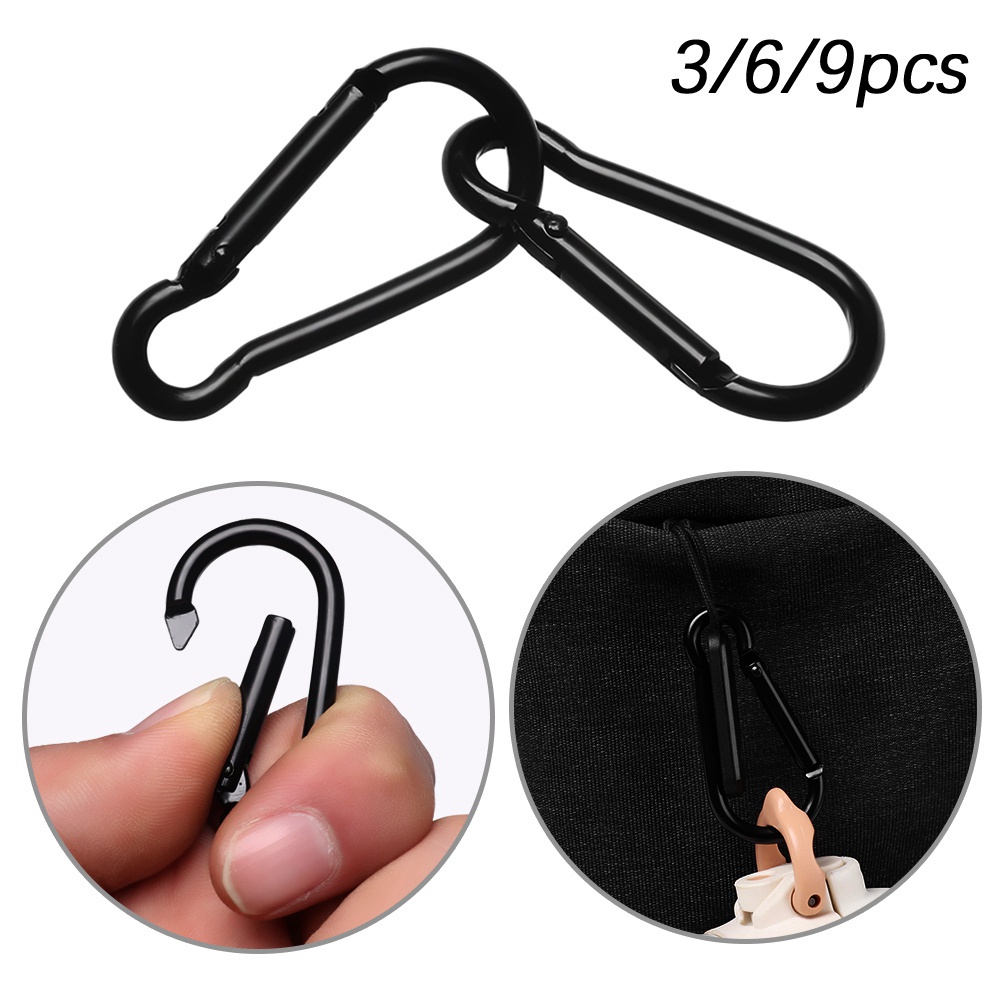 Set 3/6/9 móc khóa chữ D bằng hợp kim nhôm màu đen tiện dụng cho dã ngoại
