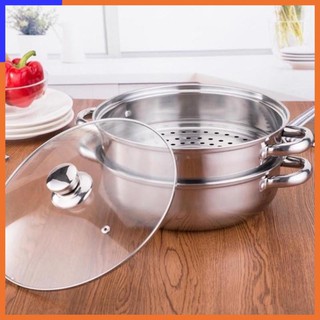 Xửng hấp 2 tầng inox 28cm, nồi hấp đa năng cấp nắp kính ;;