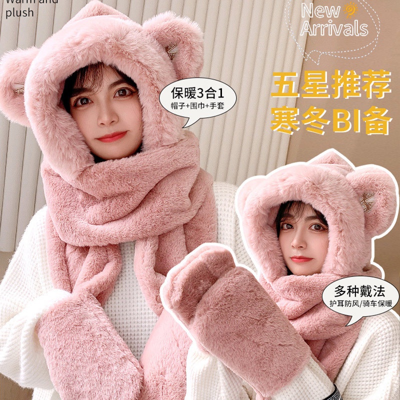 Mũ trùm đầu tích hợp khăn choàng giữ ấm tay thời trang mùa đông 2021 cho nữ