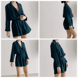 Thanh lý pass jumpsuit đồ liền quần f21 cổ vest tay dài quần đùi màu xanh rêu (ảnh thật)