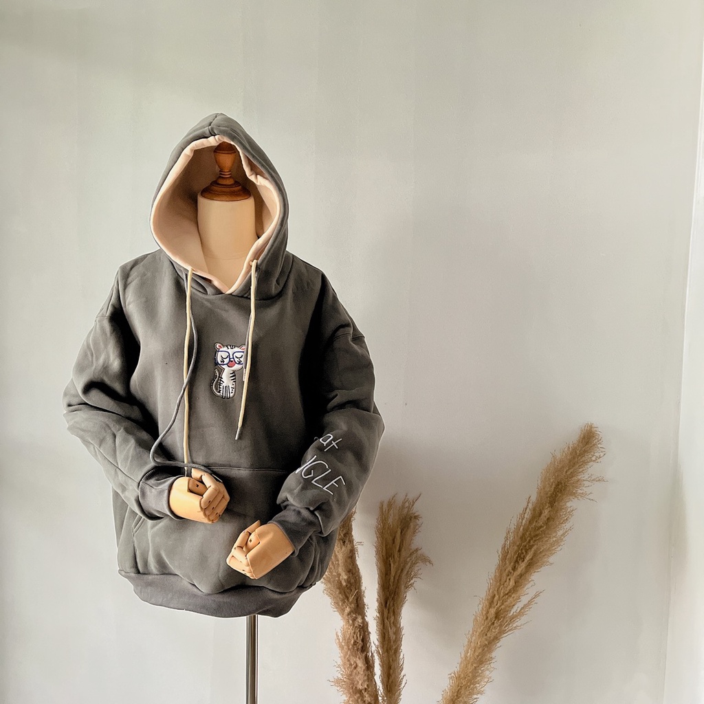 Áo Hoodie Có Mũ Thêu Hình Mèo Ngực Tay Dài Dày Dặn Hàng Quảng Châu Kiểu 1 | Smide Clothing