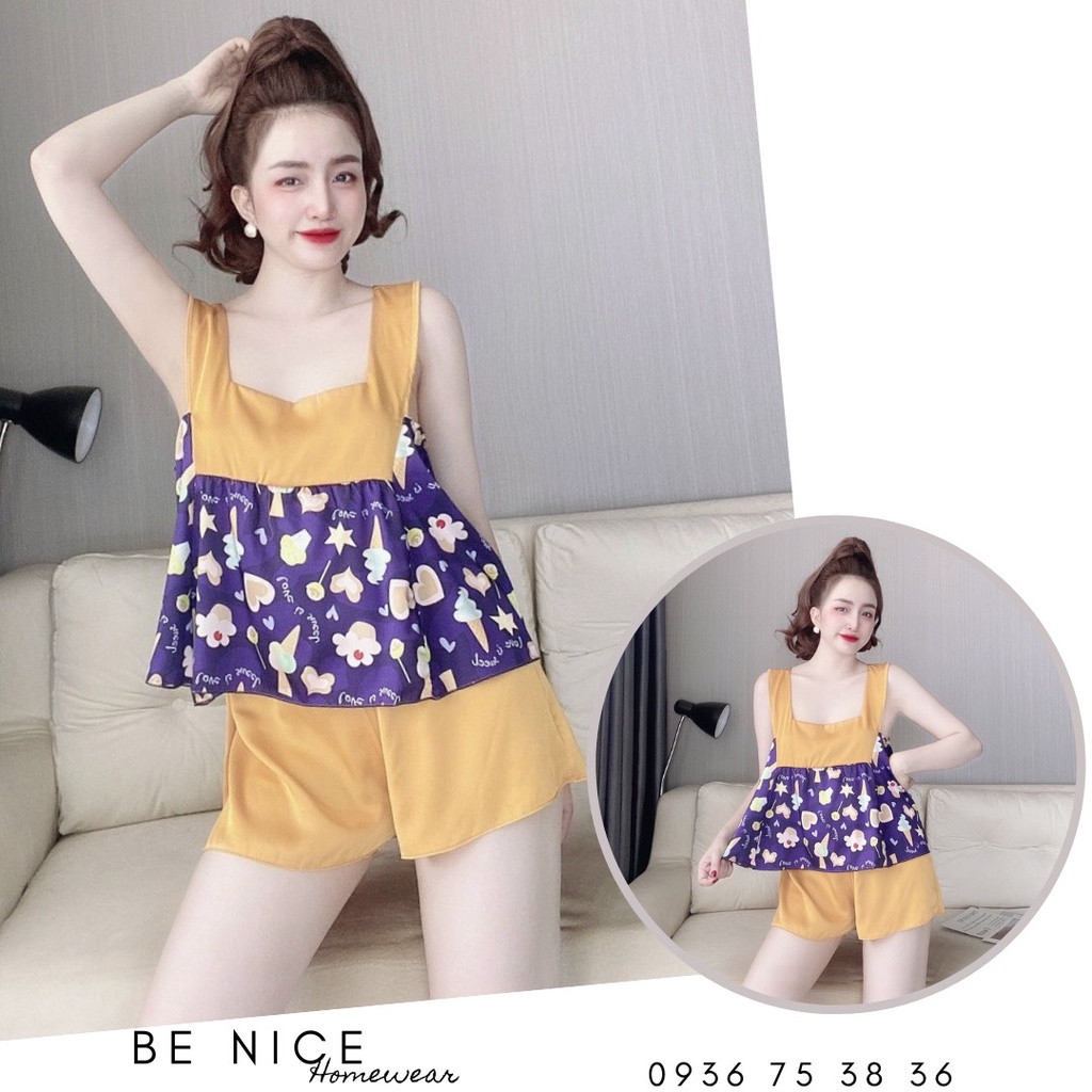 Set đùi dây bản to cổ vuông phối màu dễ thương cho nàng nhà Be Nice Homewear