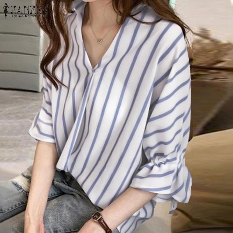 Áo sơ mi Zanzea cổ chữ V tay dài họa tiết kẻ sọc thời trang dành cho nữ