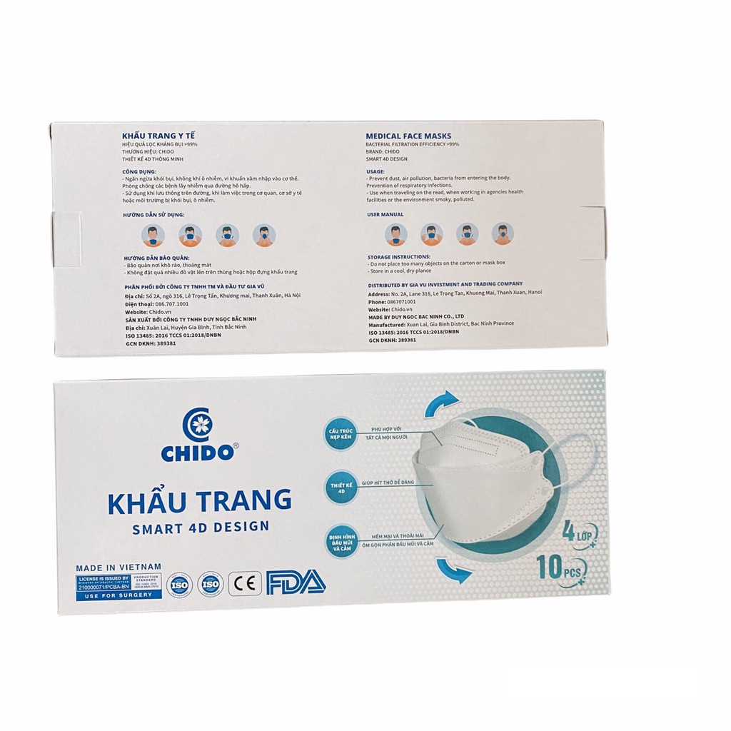 [CHÍNH HÃNG] Khẩu trang Y tế KF94 (4D) cao cấp CHIDO dễ thở, không gây dị ứng, chống bụi lọc khuẩn 99% - hộp 10 chiếc