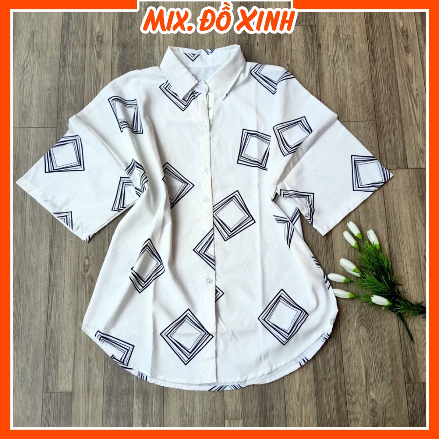 Áo sơ mi nữ form rộng tay lỡ, sơ mi kiểu nữ Mix. Đồ Xinh, chất liệu Đũi trơn mịn mát in hình Ô Vuông Đen Trắng