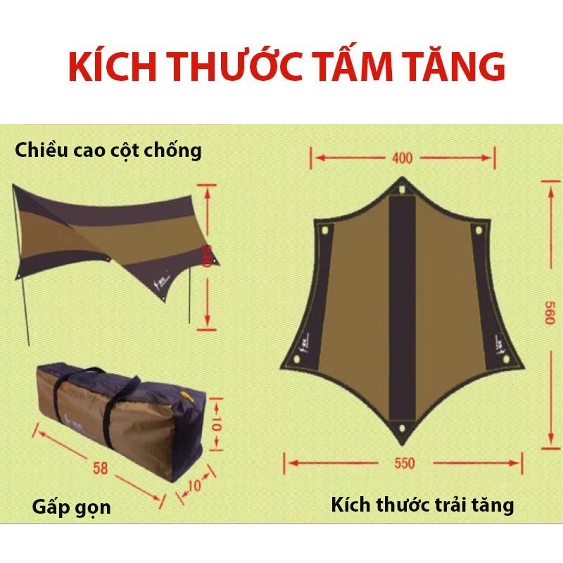 Tấm Tăng Dã Ngoại Lục Giác Chống Thấm, Chống Tia UV –  Bộ Tăng Bạt Mái Che Lều Vải Tốt Nhẹ Bền Kèm Thanh Chống - TB022