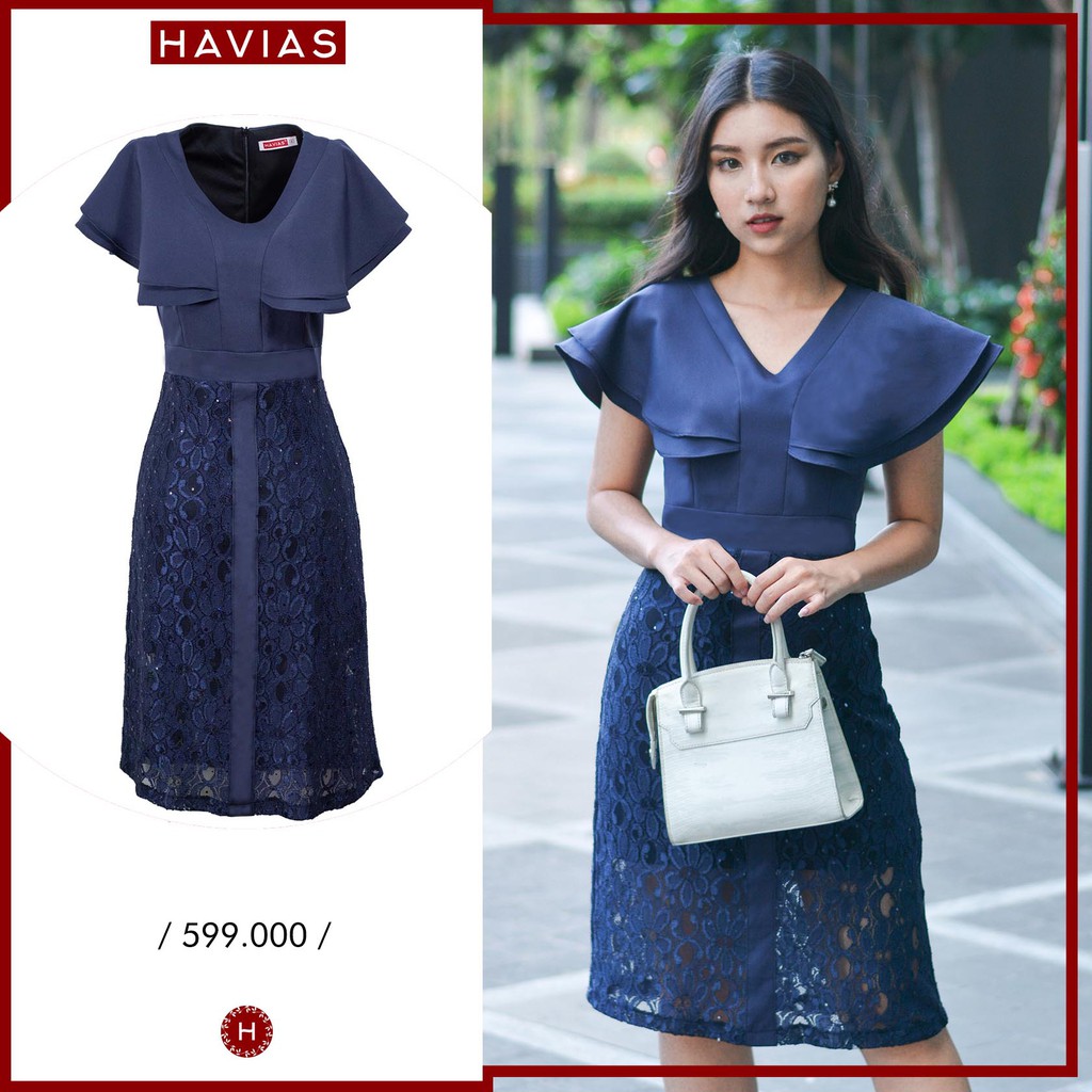 Đầm Classy Wing Sleeve Twinkle Lace Navy Dress HAVIAS